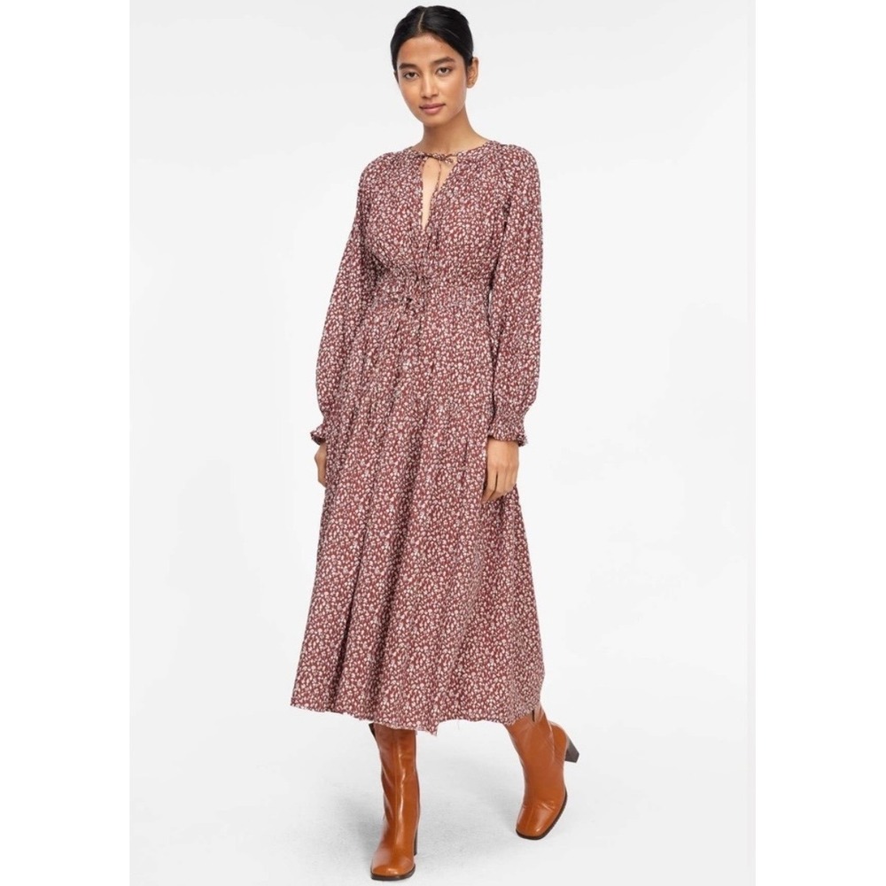 LACAUSA Dama Midi Dress XS Magic Mushroom Print Cocoa Brown Boho Cottage Fairy